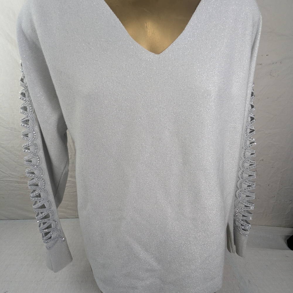 Ember Shimmer Silver V-Neck Sweater with Embellished Cut Out Sleeves Large